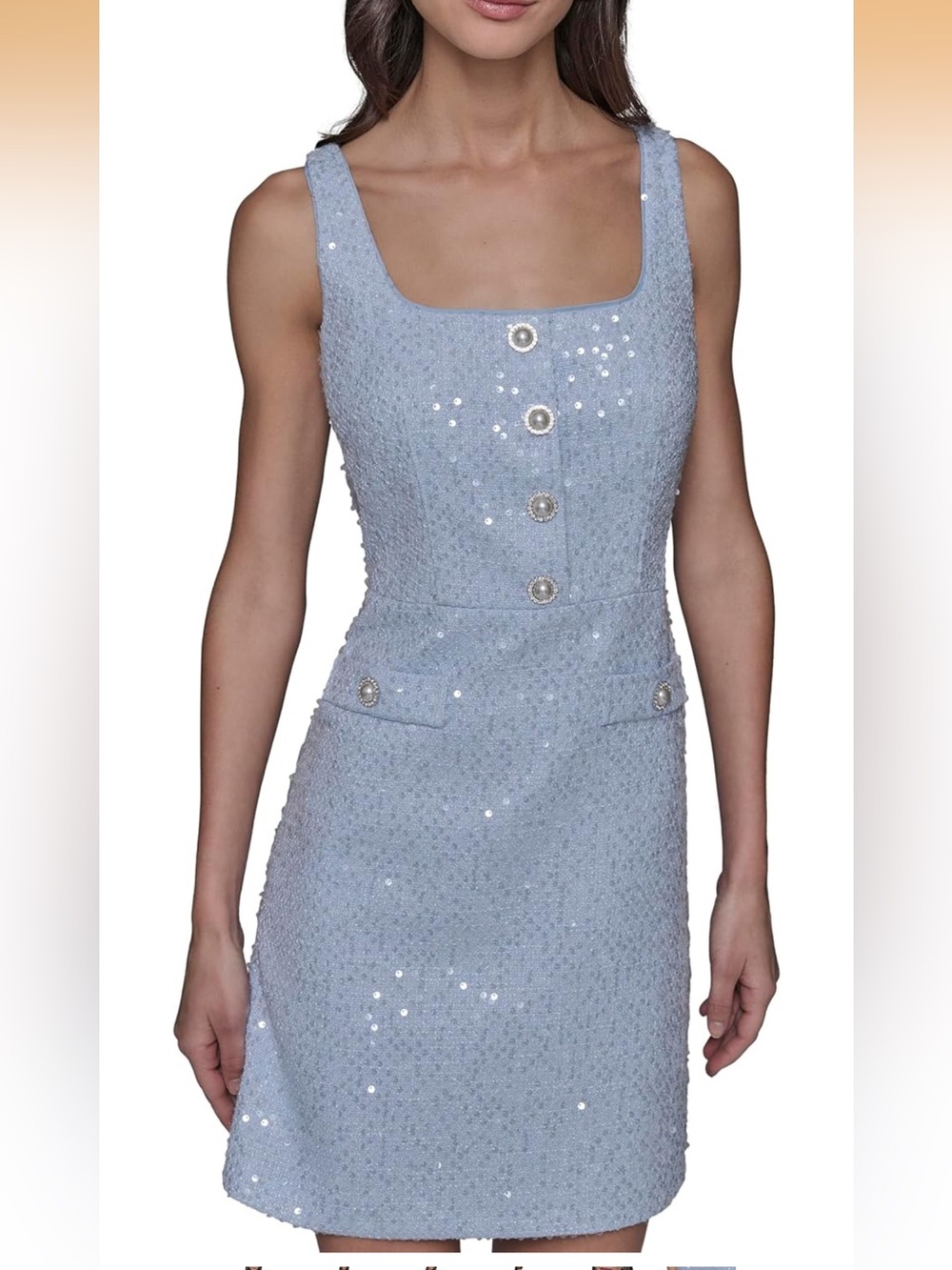 Karl Lagerfeld Powder Blue Sequin Tweed Square-Neck Dress